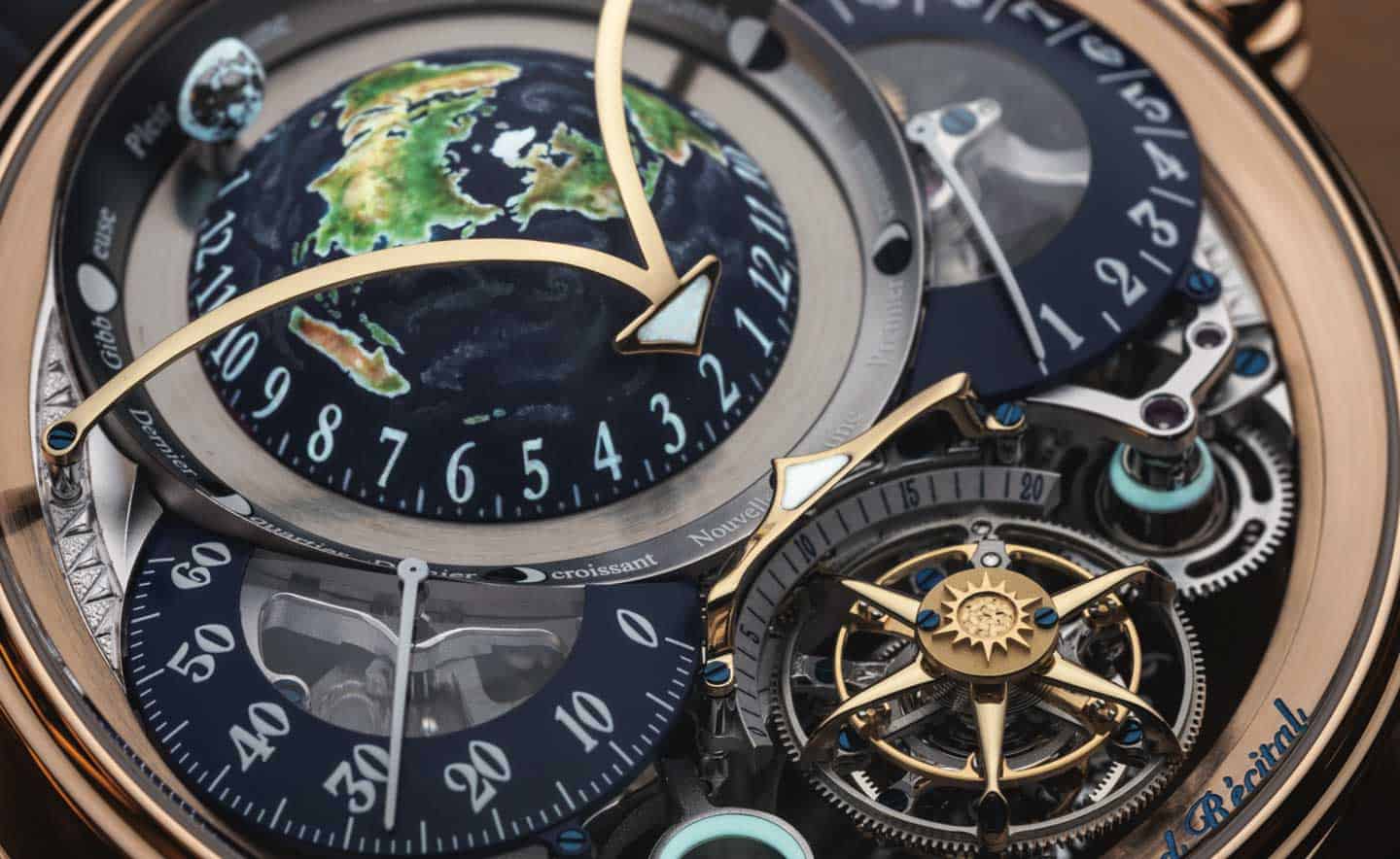 A detailed close-up of a Bovet timepiece showcasing intricate mechanical movements and celestial dia.