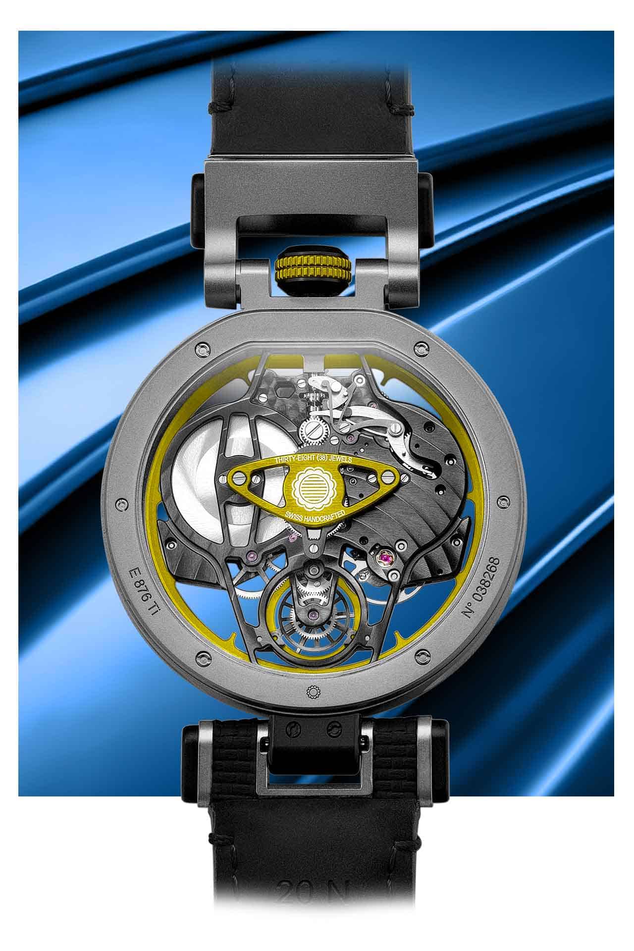 Exquisite open-worked timepiece with intricate mechanical movement and modern design elements.