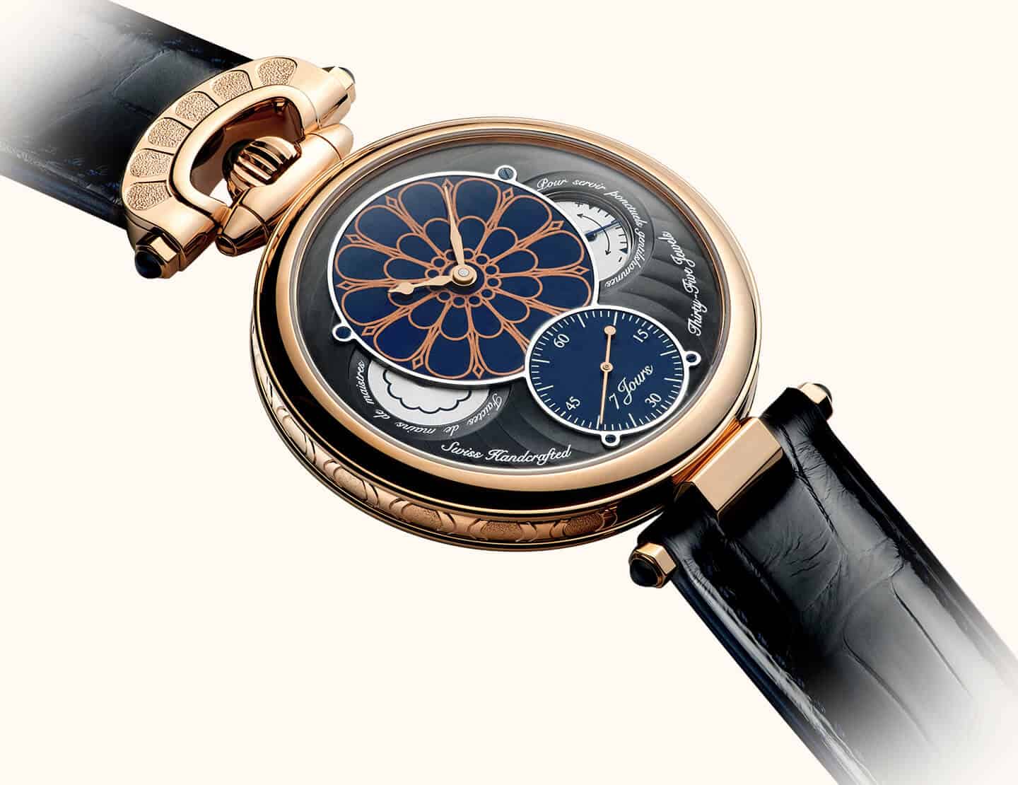Luxurious Bovet timepiece with intricate dial design and elegant black leather strap.