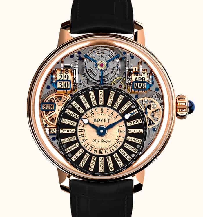 Bovet bespoke timepiece with intricate skeleton dial and multiple city indicators for world time fun.
