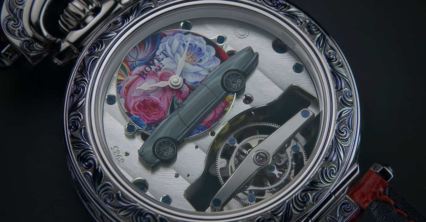 Exquisite Bovet timepiece with intricate mechanical details and floral dial design.