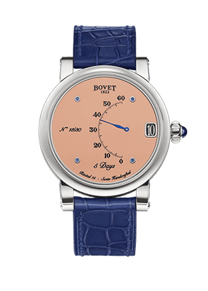 Elegant Bovet timepiece with pink dial and blue leather strap, from Dimier - The Récital 15 collecti.
