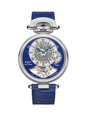 Luxurious Bovet timepiece with intricate dial and blue leather strap, from Fleurier - Orbis Mundi co.