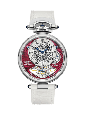 Luxurious Bovet timepiece with intricate dial design and white strap, from Fleurier - Orbis Mundi co.