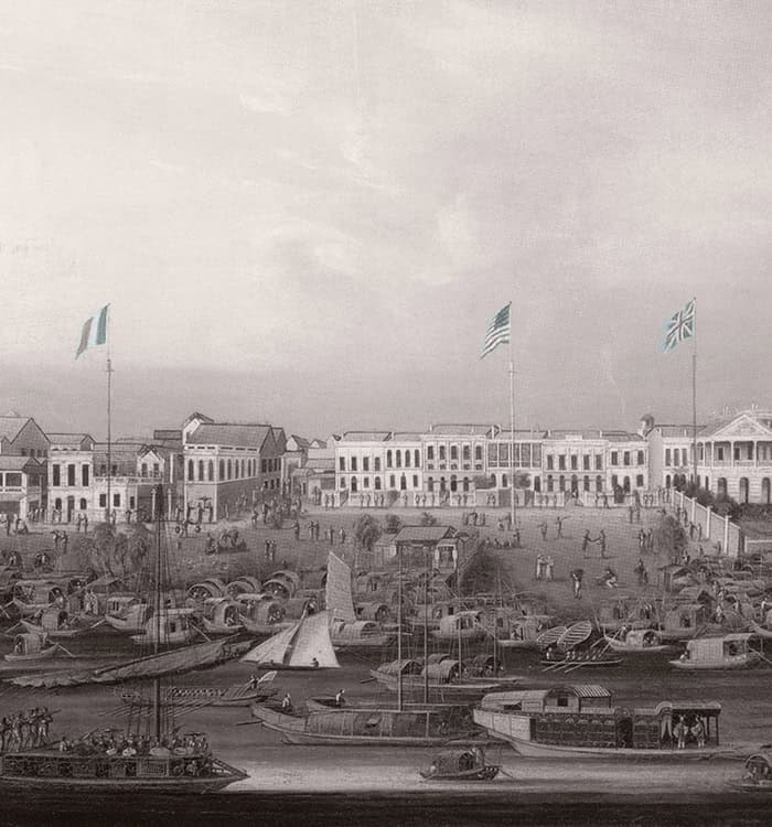 A detailed historical scene of a seaside town with ships, buildings, and flags, emphasizing vintage.