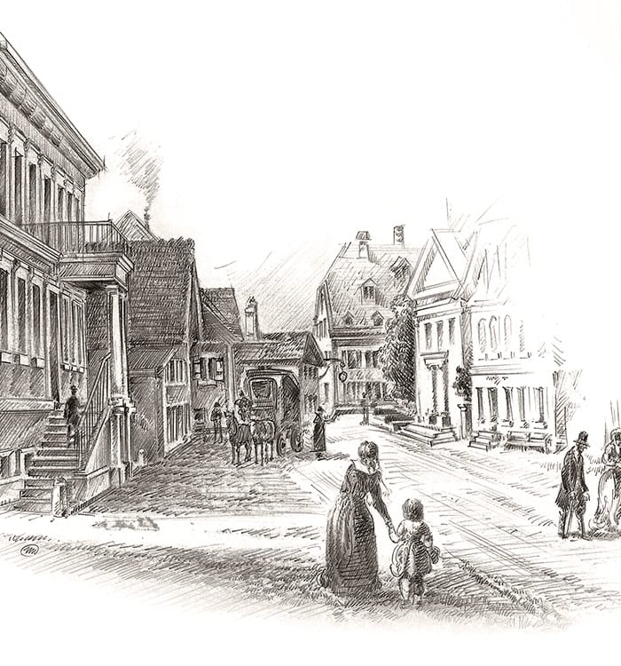 Historic city street scene with people and horse-drawn carriage, emphasizing timeless elegance of ti.
