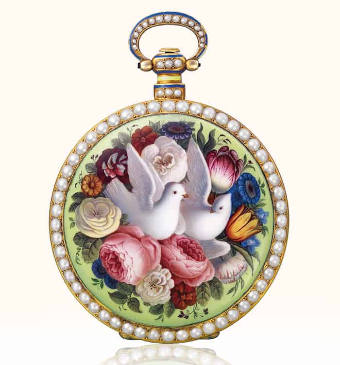Elegant Bovet pocket timepiece featuring intricate floral and dove motifs, exemplifying exquisite cr.