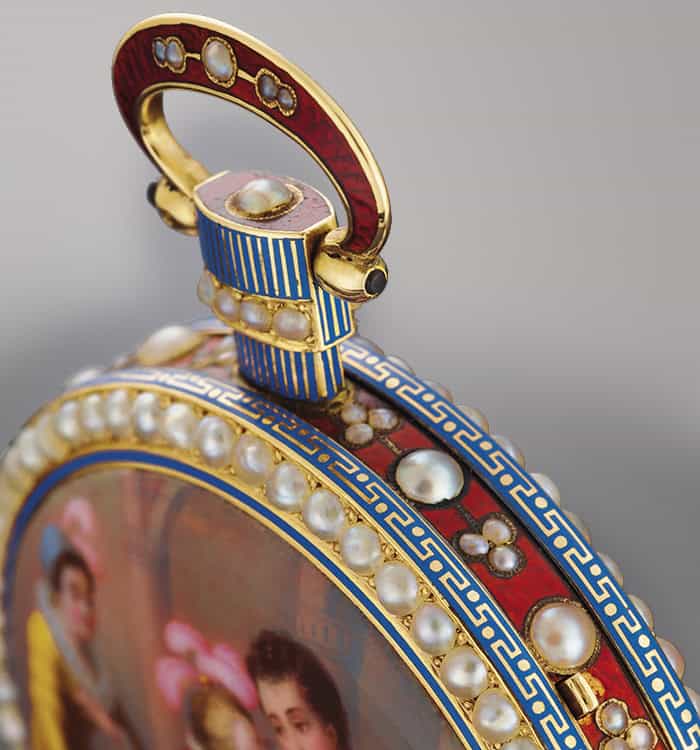 Luxurious Bovet timepiece with intricate enamel and pearl details, inspired by historical craftsmans.
