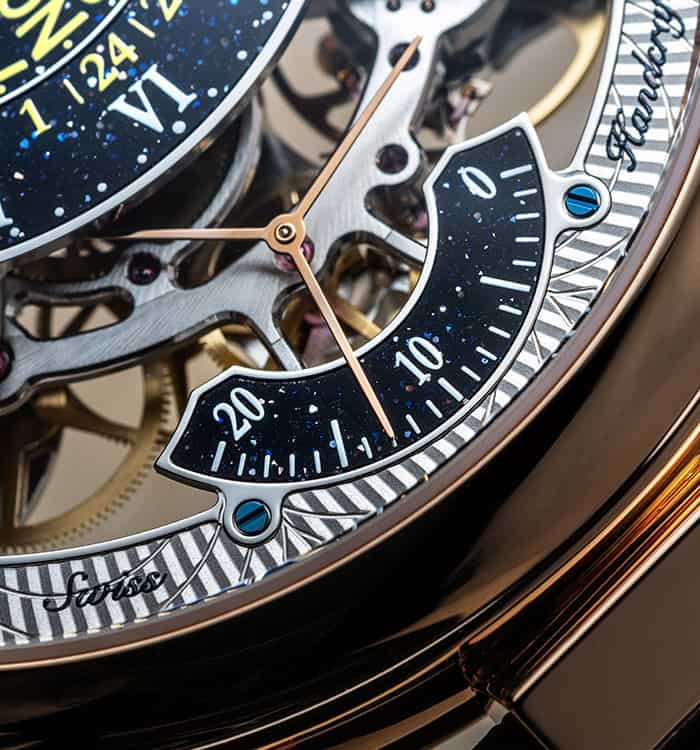 Exquisite skeletonized timepiece with intricate mechanical details and a power reserve indicator.