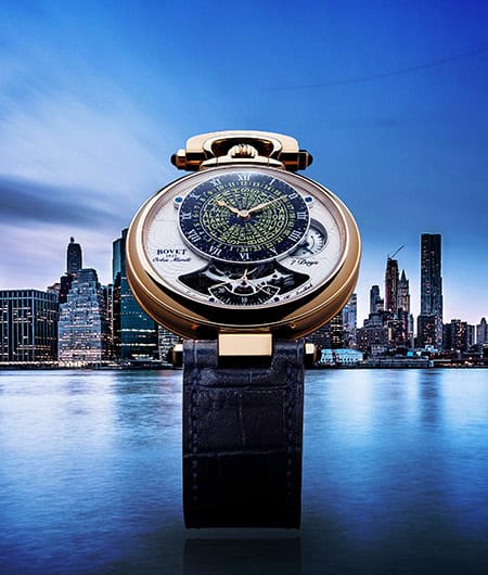 Luxurious Bovet timepiece with intricate dial design against New York skyline.