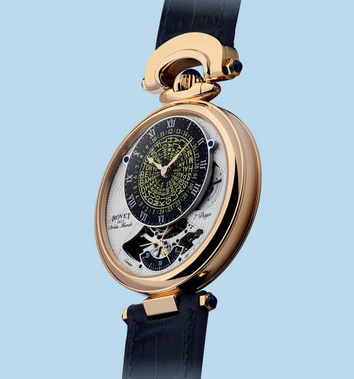 Luxurious Bovet Fleurier Orbis Mundi timepiece with intricate dial design and gold case.